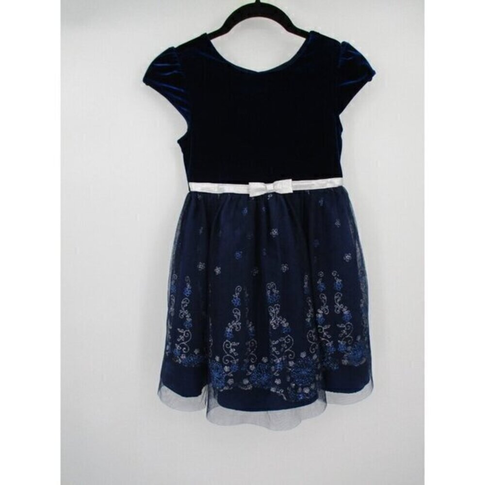 Jona Michelle Girls Dress 7 Blue Sequins Lined Short Sleeves Button Back Velour